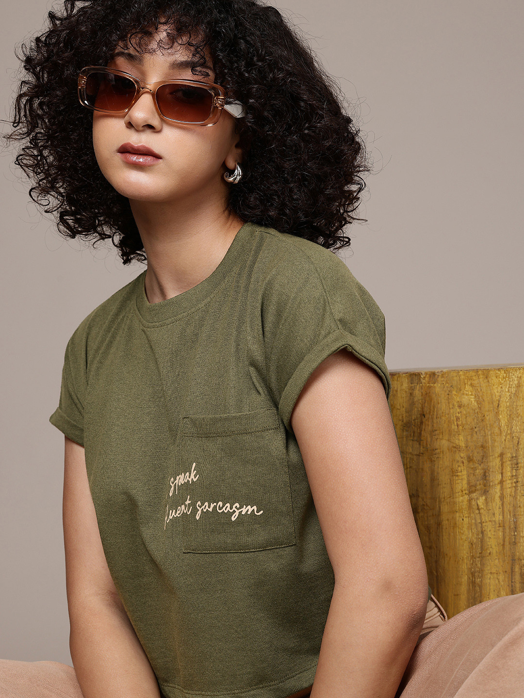 

The Roadster Life Co. Typography Printed Extended Sleeves Pocket Boxy T-shirt, Olive
