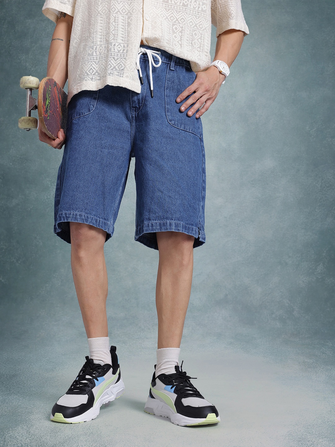 

The Roadster Life Co. Men Pure Cotton Relaxed Fit Jorts, Blue