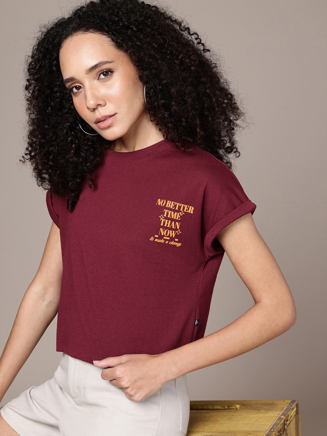 

The Roadster Life Co. Typography Printed Extended Sleeves Boxy T-shirt, Maroon