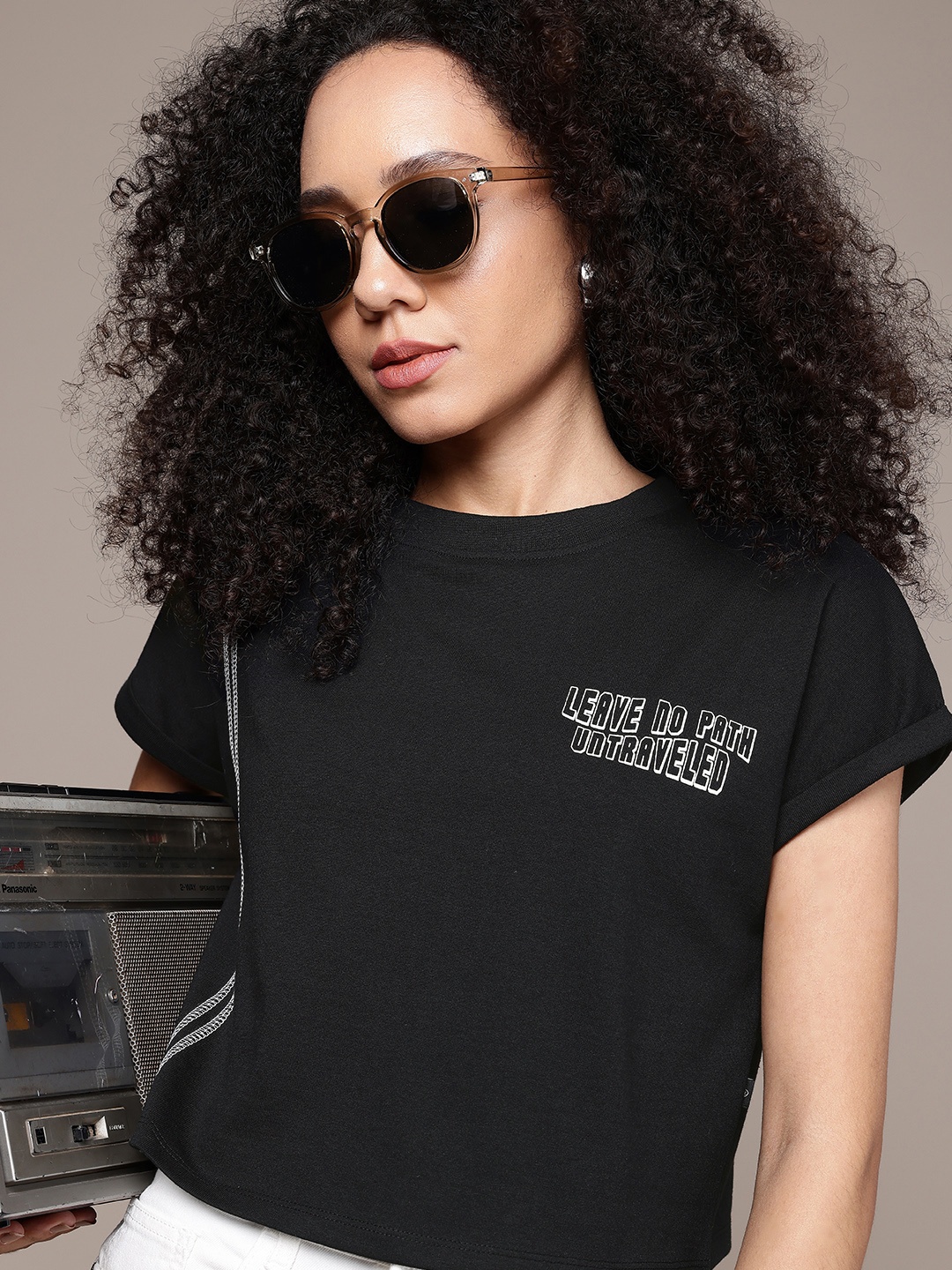 

The Roadster Life Co. Typography Printed Extended Sleeves Boxy T-shirt, Black