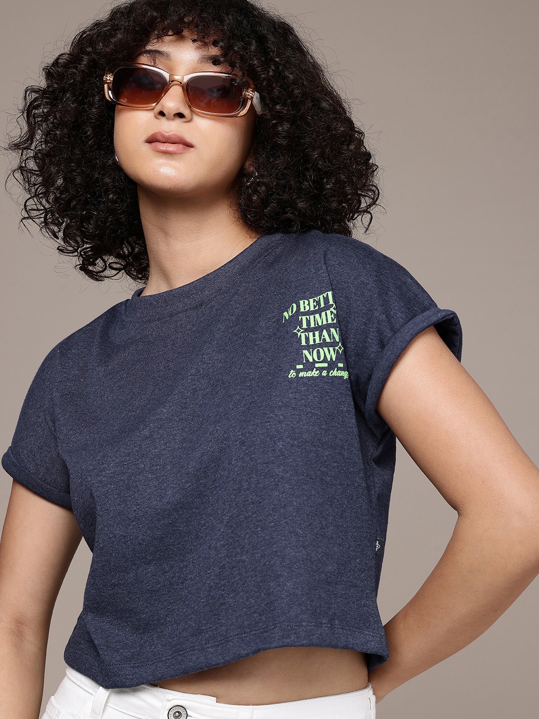 

The Roadster Life Co. Typography Printed Extended Sleeves Boxy Crop T-shirt, Blue