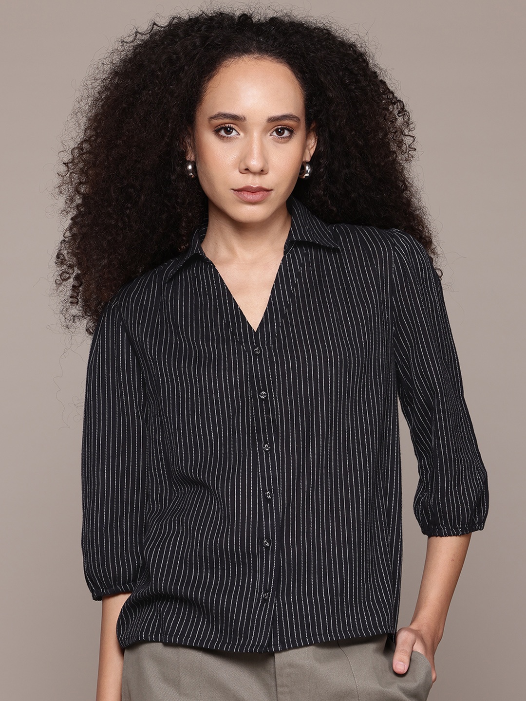 

The Roadster Lifestyle Co. Women Striped Pure Cotton Casual Shirt, Black
