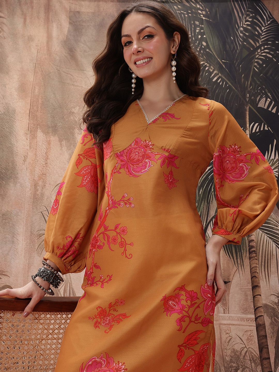 

Sangria Floral Printed Lace Insert Detail Cuffed Sleeves Empire Style Straight Kurta, Mustard