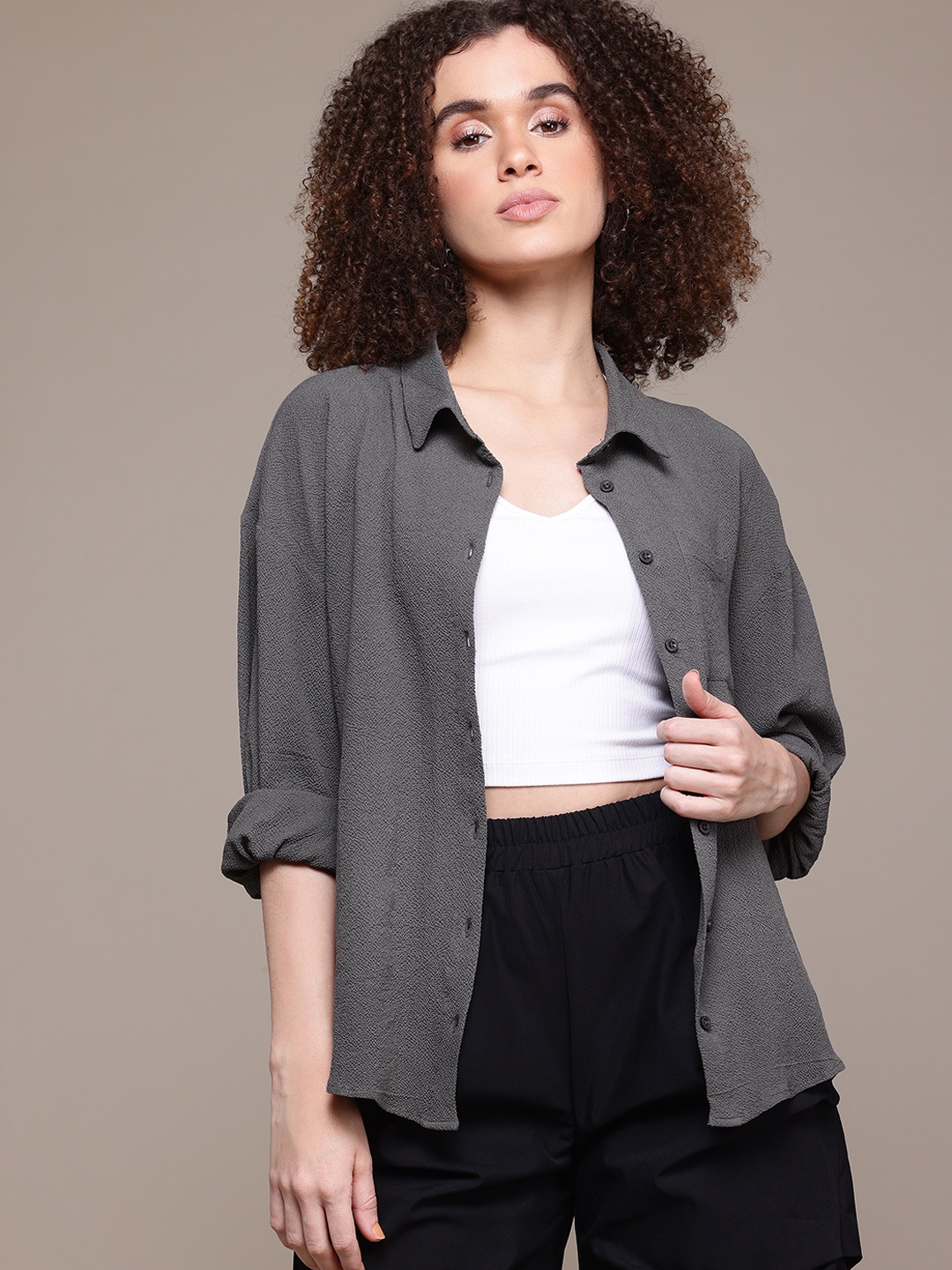 

The Roadster Lifestyle Co. Women Seersucker Casual Shirt, Charcoal