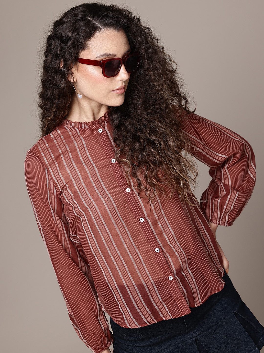 

The Roadster Lifestyle Co. Vertically Self-Striped Semi-Sheer Casual Shirt, Rust