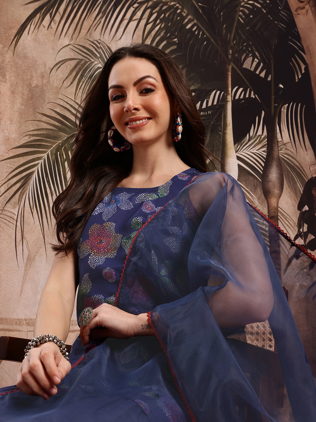 

Sangria Floral Print Regular Pure Cotton Kurta with Sharara & Dupatta, Navy blue