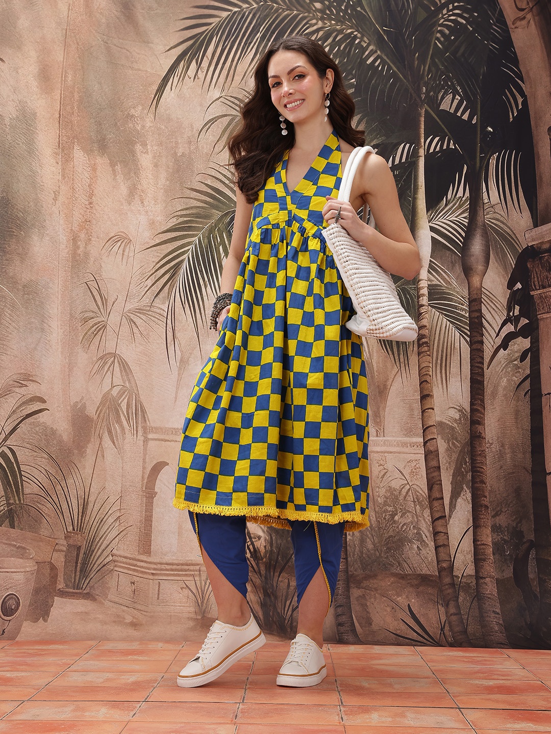 

Sangria Checked Halter Neck Empire Style Pure Cotton A-Line Kurta with Dhoti Pants, Blue