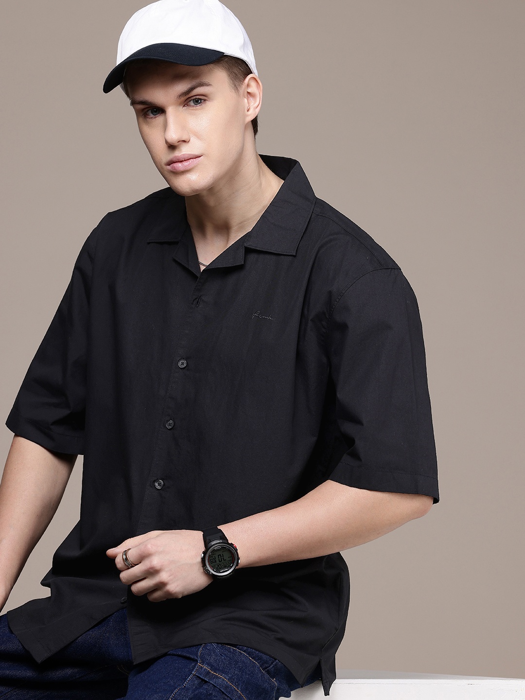

FCUK Relaxed Fit Drop-Shoulder Sleeves Pure Cotton Casual Shirt, Black