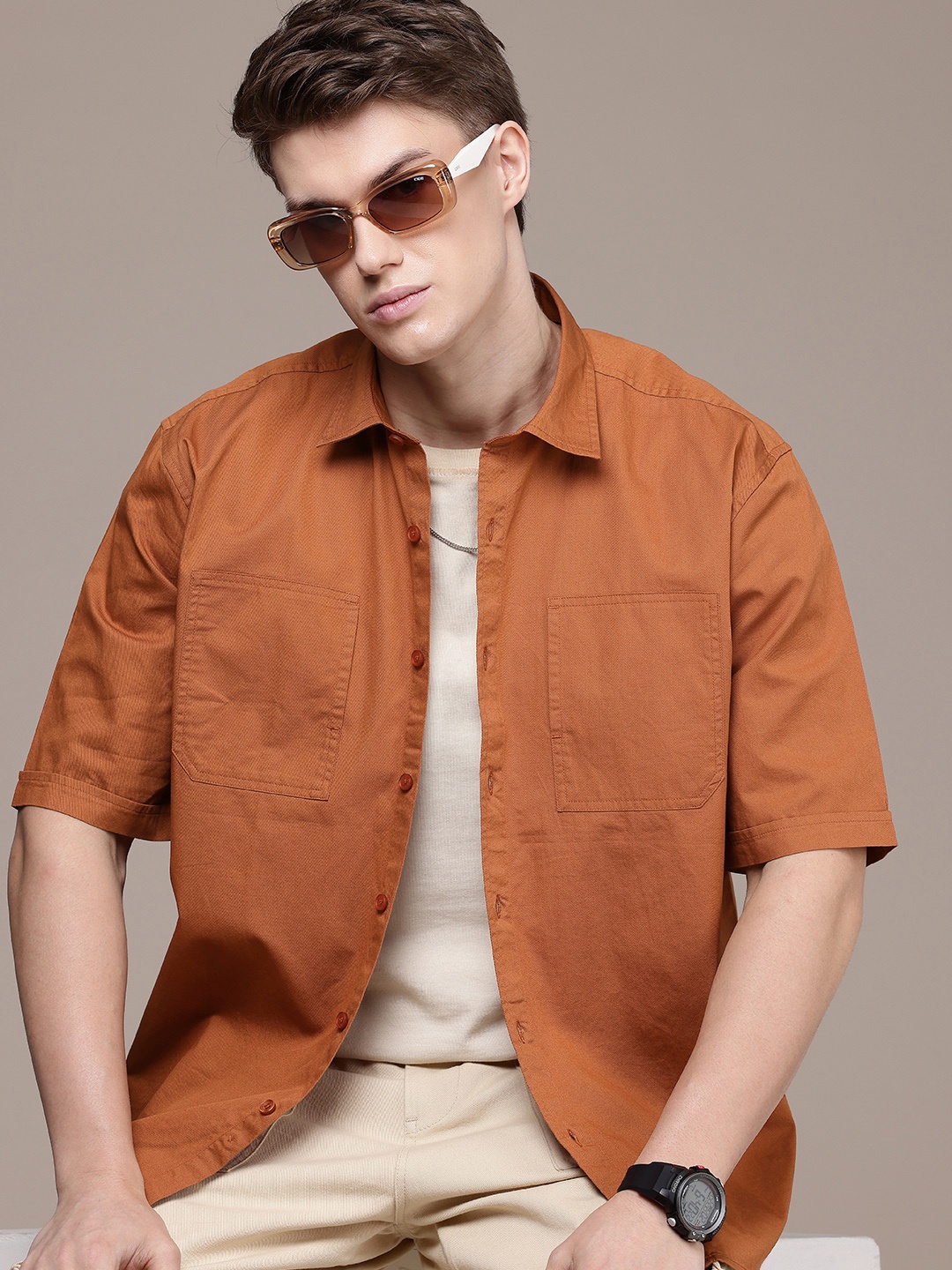 

FCUK Relaxed Fit Drop-Shoulder Sleeves Pure Cotton Casual Shirt, Rust