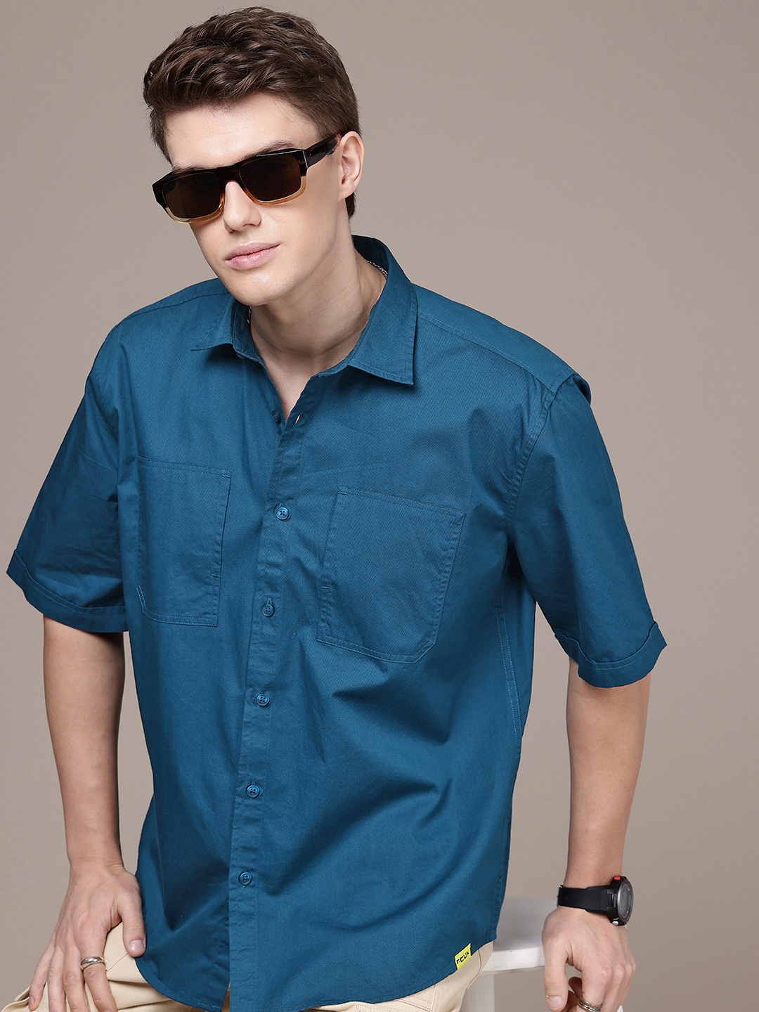 

FCUK Relaxed Fit Drop-Shoulder Sleeves Pure Cotton Casual Shirt, Blue