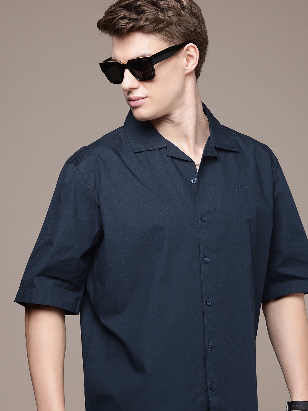 

FCUK Relaxed Fit Drop-Shoulder Sleeves Pure Cotton Casual Shirt, Navy blue