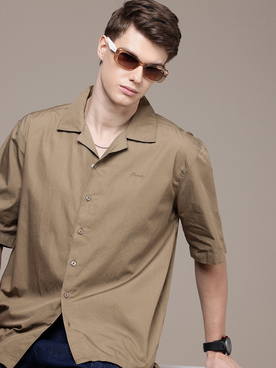 

FCUK Relaxed Fit Drop-Shoulder Sleeves Pure Cotton Casual Shirt, Taupe