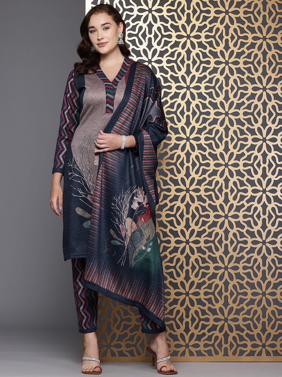 

Cayman Women Ethnic Motifs Printed Regular Pure Wool Kurta with Trousers & Dupatta, Multi