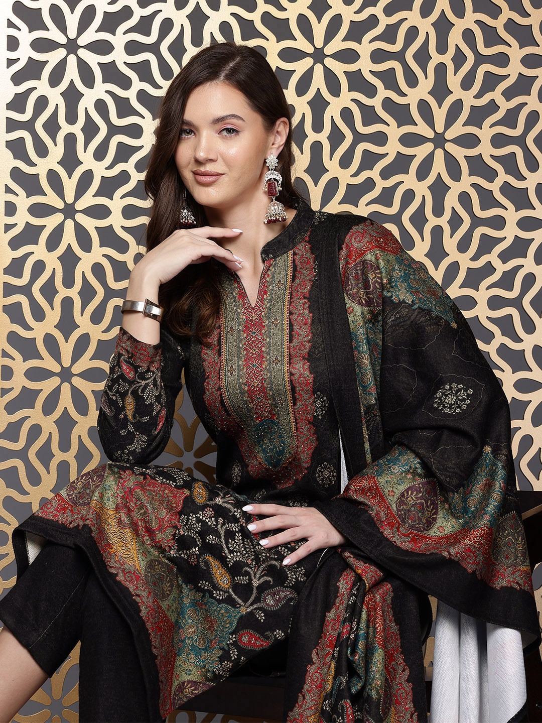 

Cayman Ethnic Motifs Beads & Stones Pure Wool Kurta With Trousers & Dupatta, Charcoal