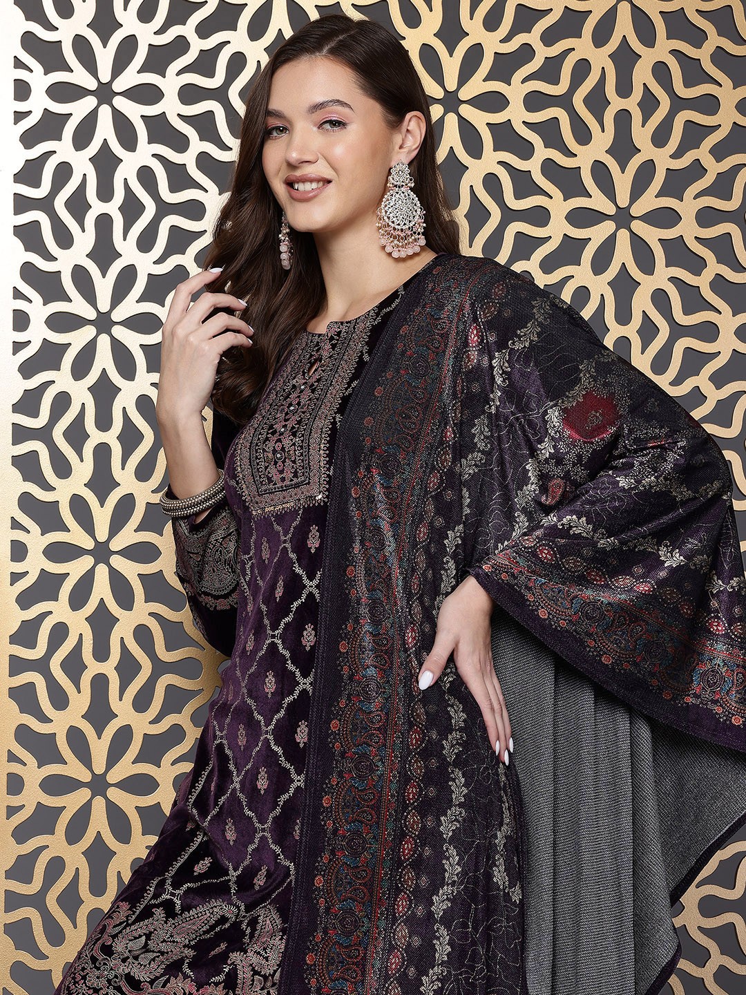 

Cayman Women Ethnic Motifs Printed Sequin Pure Wool Kurta with Trousers & Dupatta, Purple