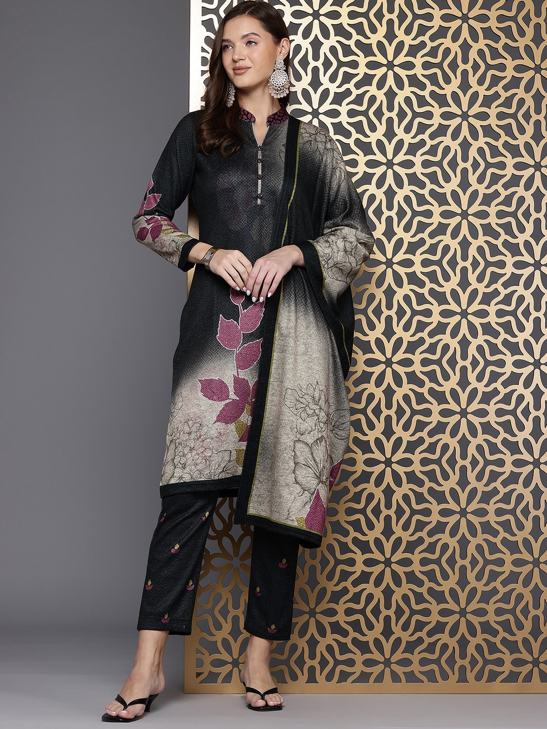 

Cayman Women Ethnic Motifs Printed Regular Pure Wool Kurta with Trousers & Dupatta, Multi