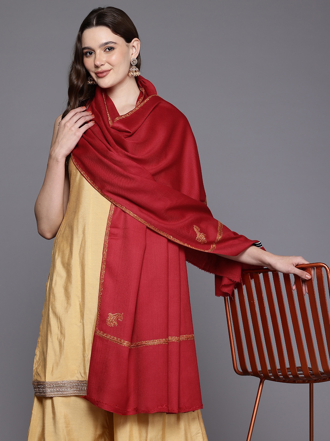 

Cayman Ethnic Motifs Embroidered Woollen Shawl, Red
