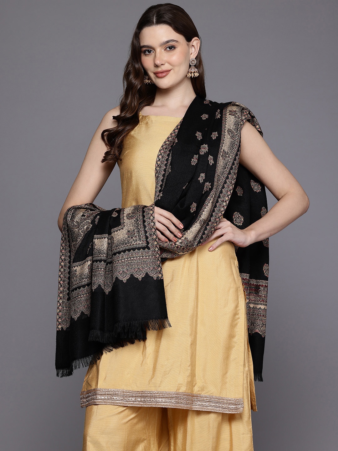 

Cayman Ethnic Motifs Woven Design Woollen Shawl, Black