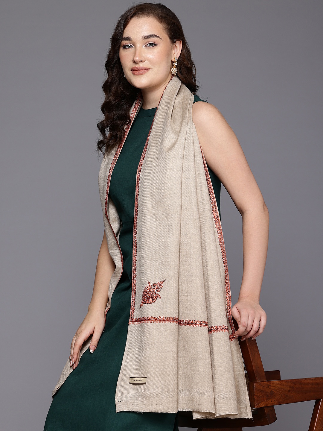 

Cayman Ethnic Motifs Embroidered Woollen Shawl, Beige
