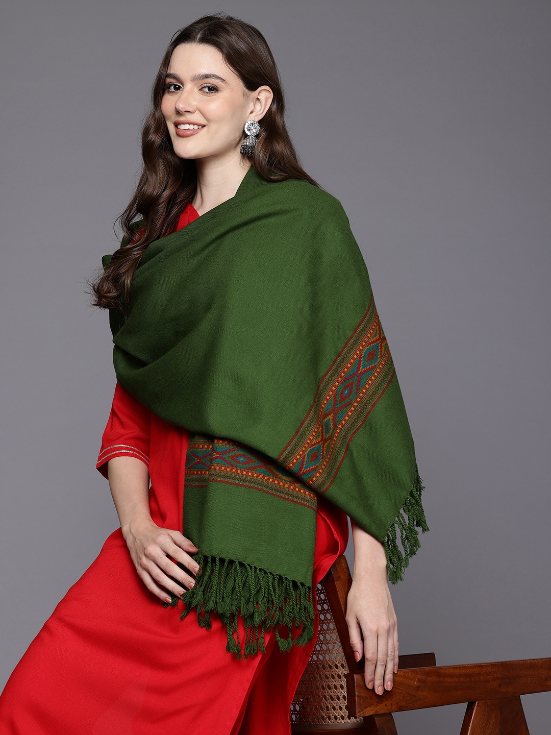 

Cayman Geometric Woven Design Woollen Shawl, Green