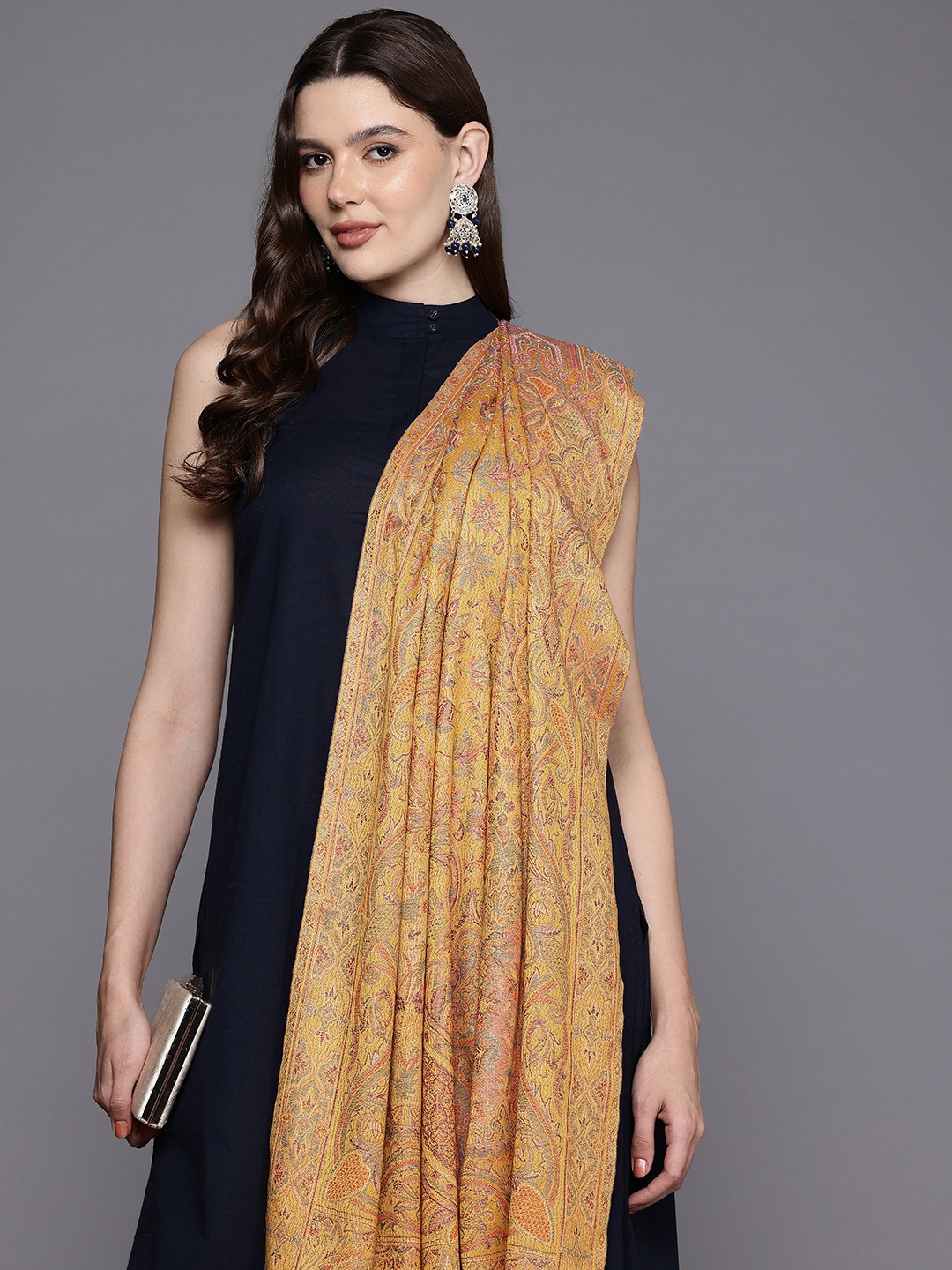 

Cayman Ethnic Motifs Woven Design Woollen Shawl, Mustard