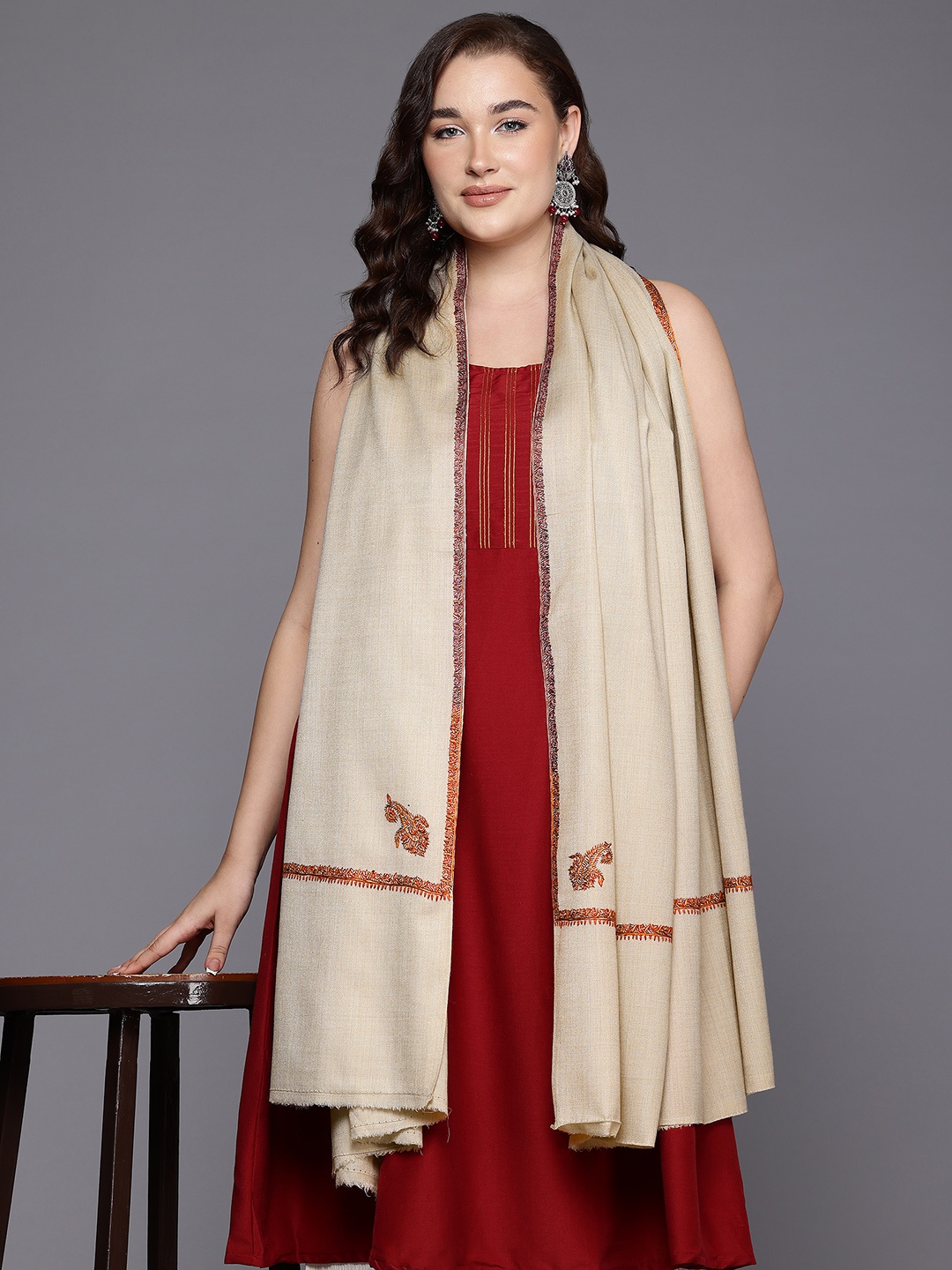 

Cayman Ethnic Motifs Embroidered Woollen Shawl, Beige