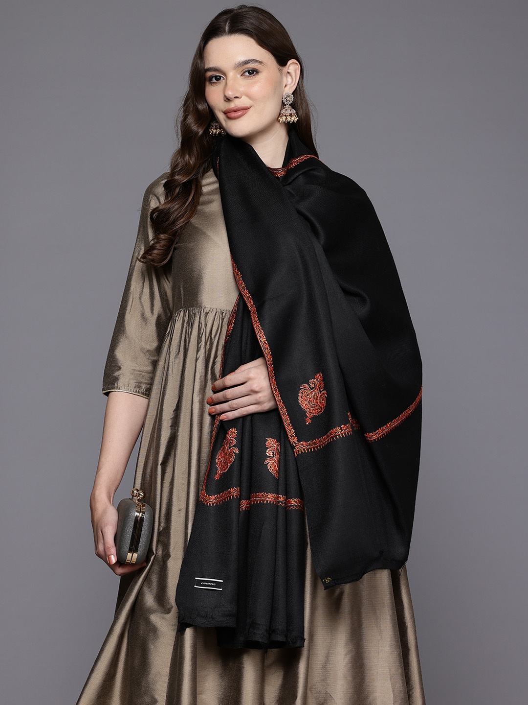 

Cayman Ethnic Motifs Embroidered Woollen Shawl, Black