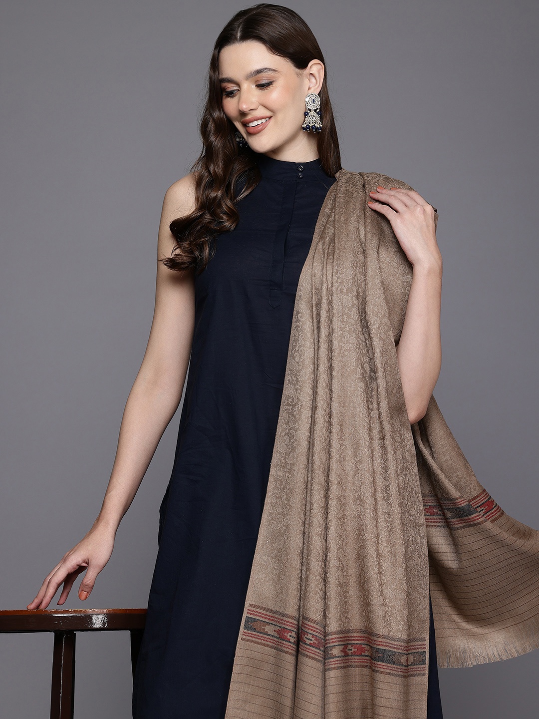 

Cayman Ethnic Motifs Woven Design Woollen Shawl, Taupe