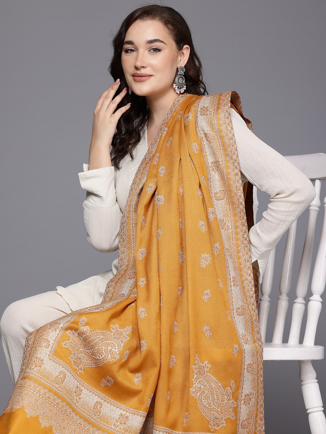 

Cayman Ethnic Motifs Woven Design Woollen Shawl, Mustard