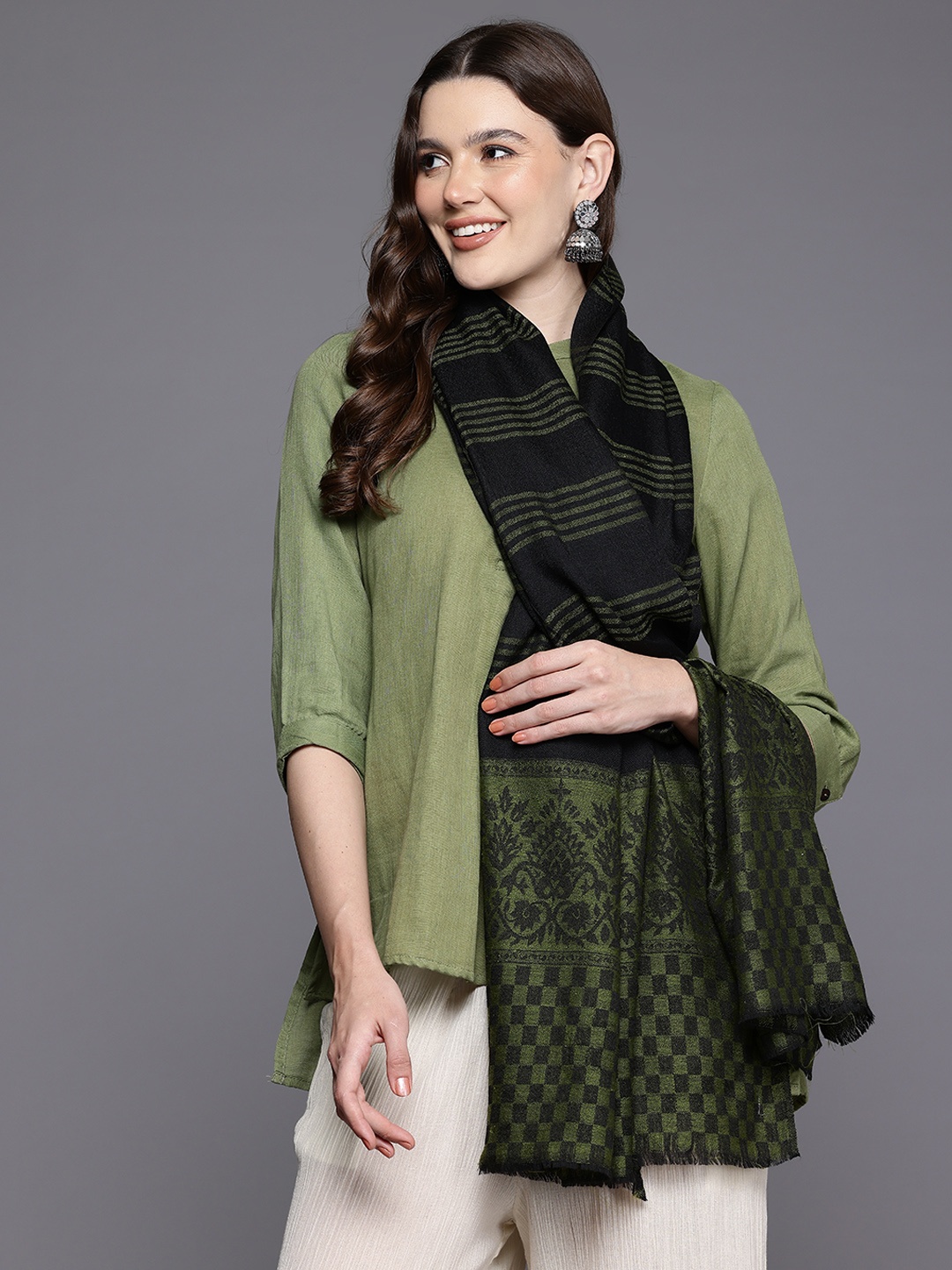 

Cayman Women Striped Woollen Stole, Green