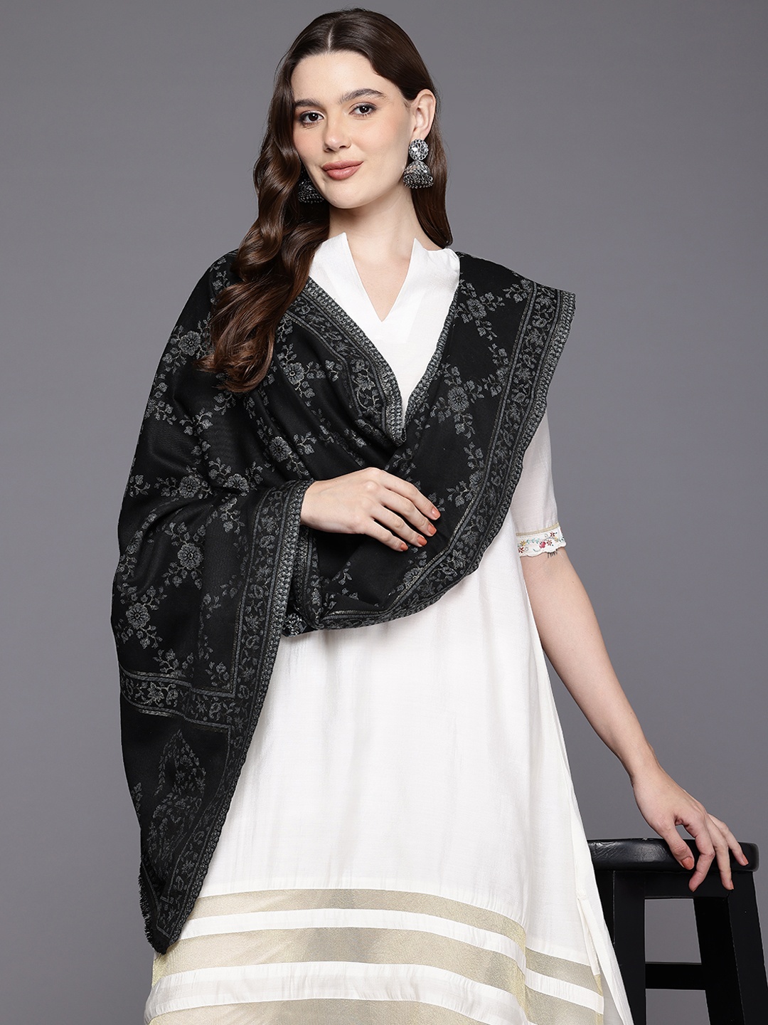 

Cayman Woven Design Woollen Stole, Black