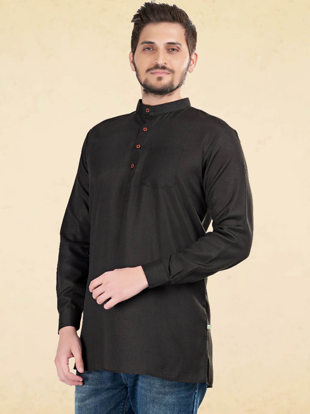 

ENCINO Band Collar Cotton Kurta, Black