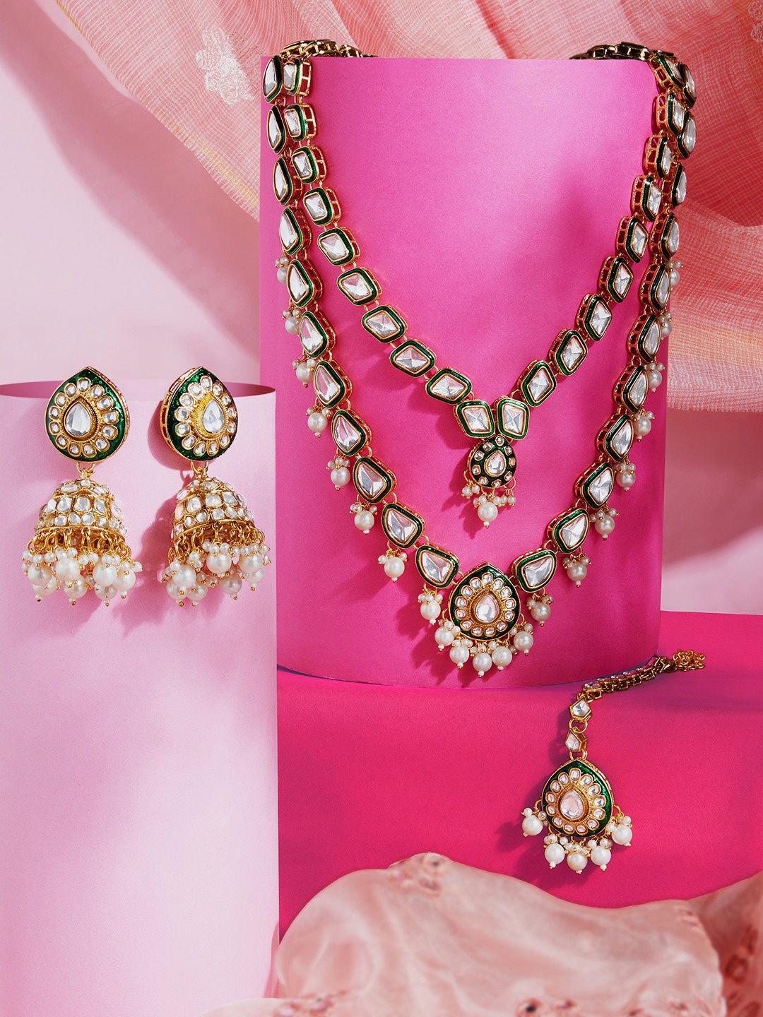 

Zaveri Pearls Gold-Plated Meenakari Stone-Studded & Beaded Layered Jewellery Set