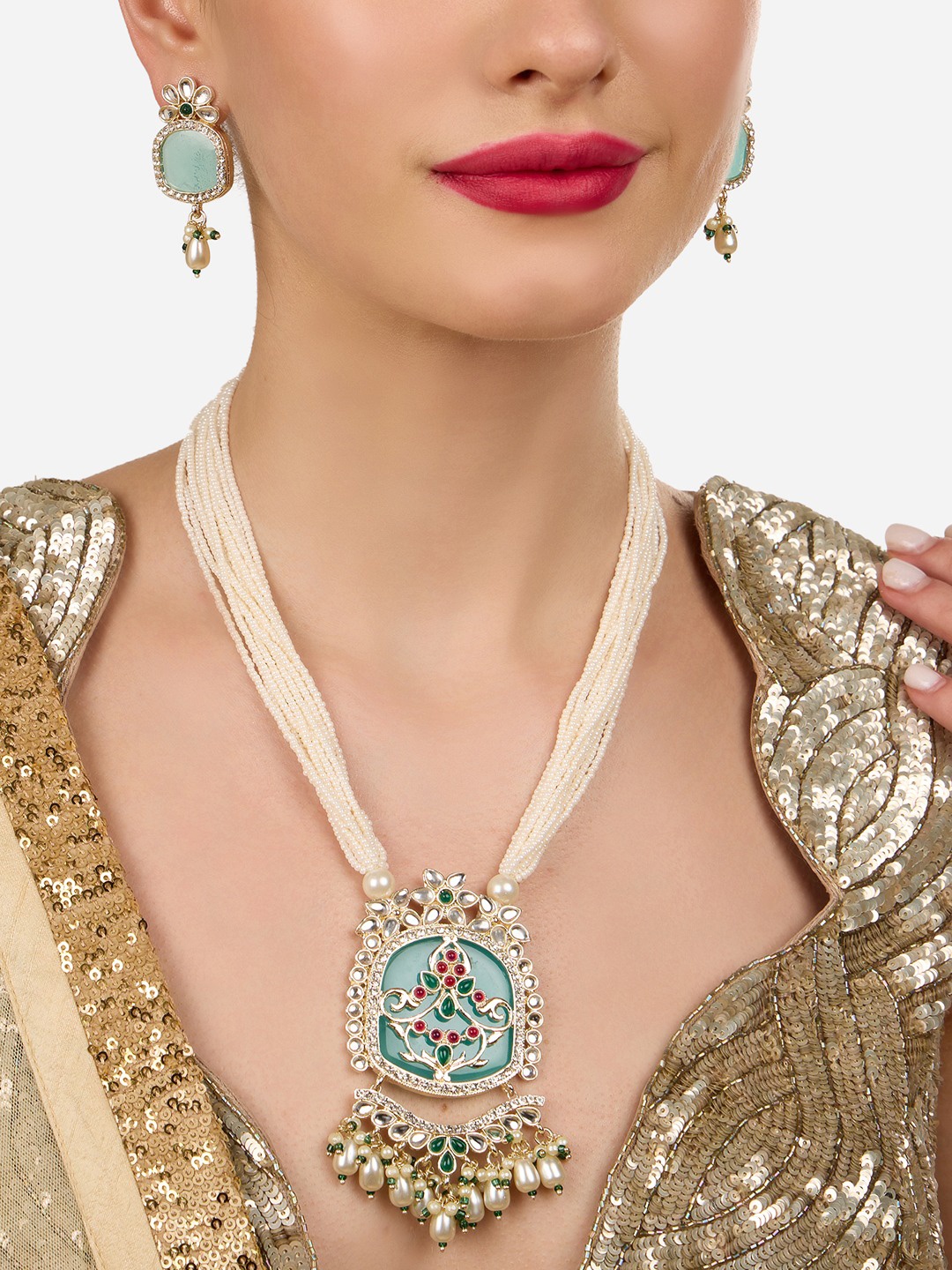 

Zaveri Pearls Gold-Plated Stone-Studded & Beaded Multistrand Jewellery Set