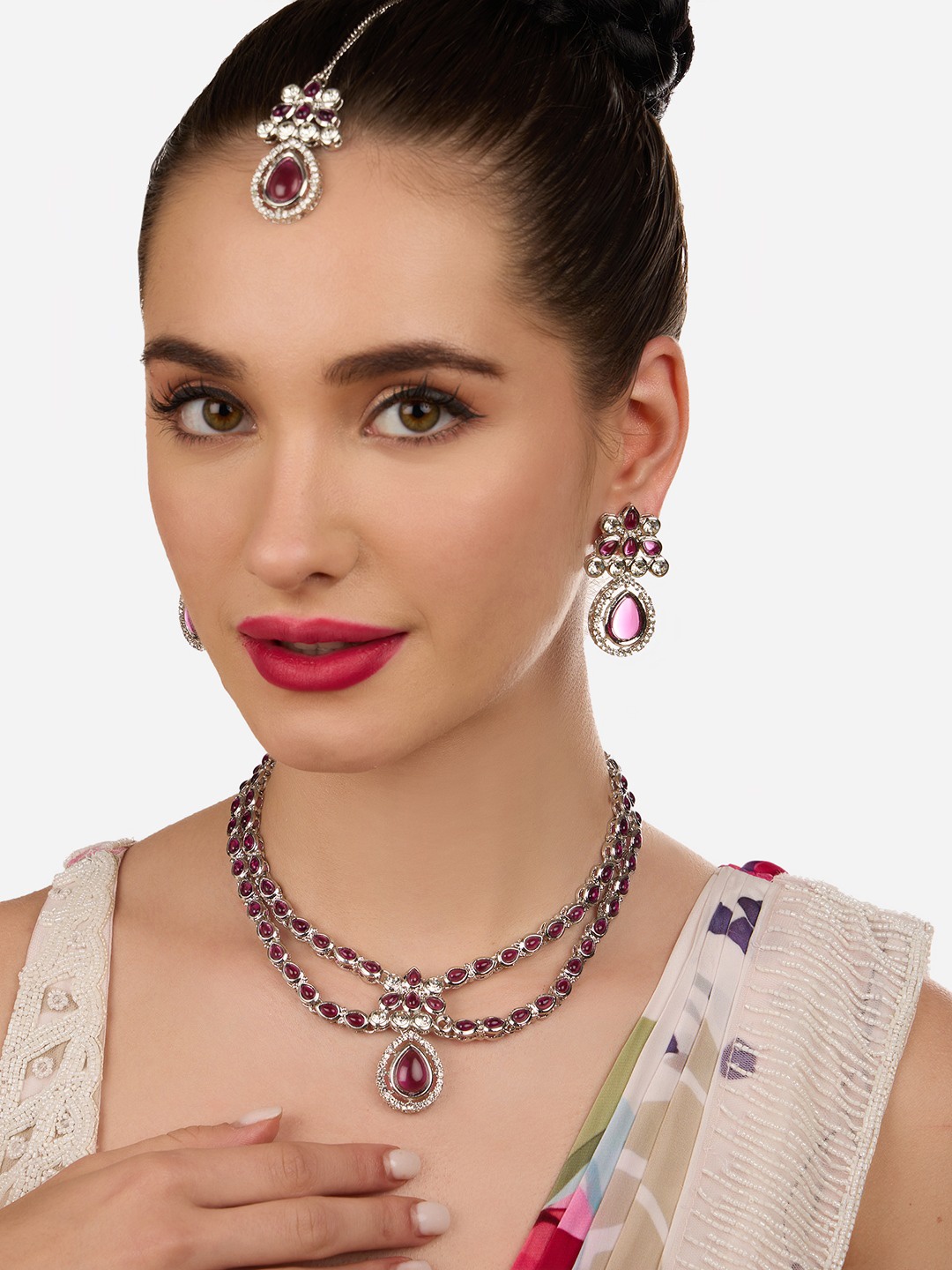 

Zaveri Pearls Silver-Plated American Diamond-Studded Layered Jewellery Set