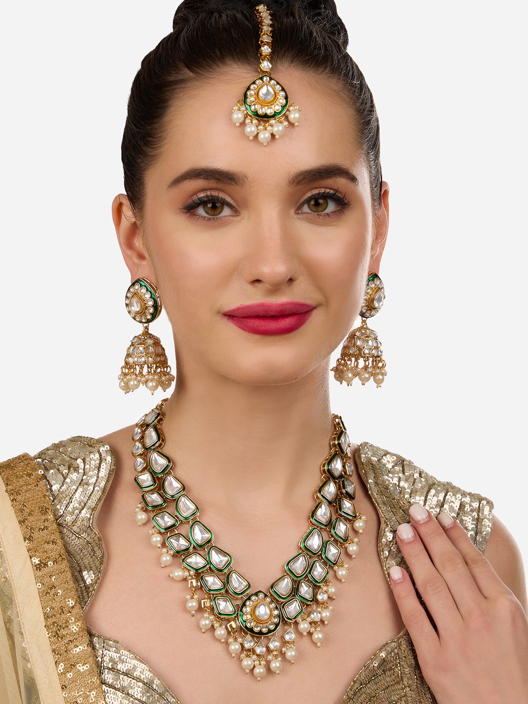 

Zaveri Pearls Gold-Plated Meenakari Stone-Studded & Beaded Jewellery Set