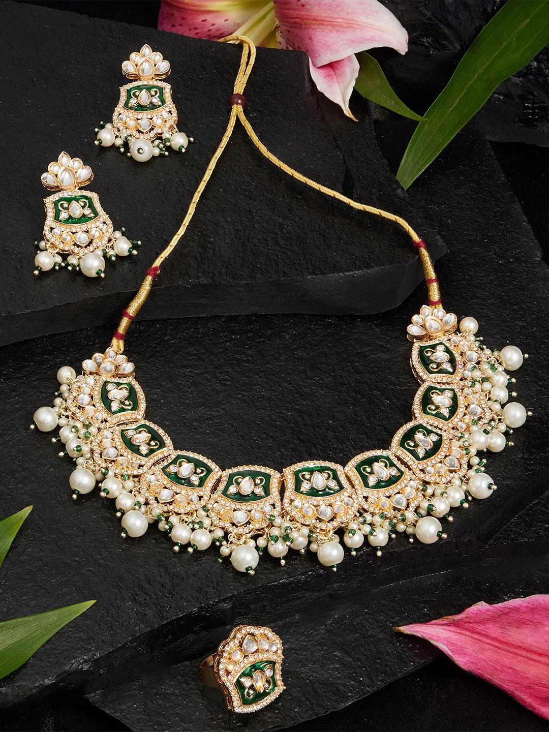 

Zaveri Pearls Gold-Plated Meenakari Stone-Studded & Beaded Jewellery Set