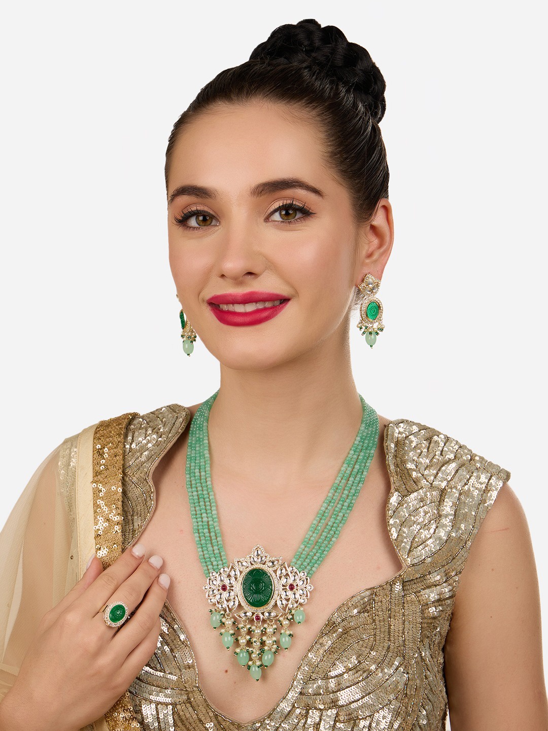 

Zaveri Pearls Gold-Plated Stone Studded & Beaded Jewellery Set