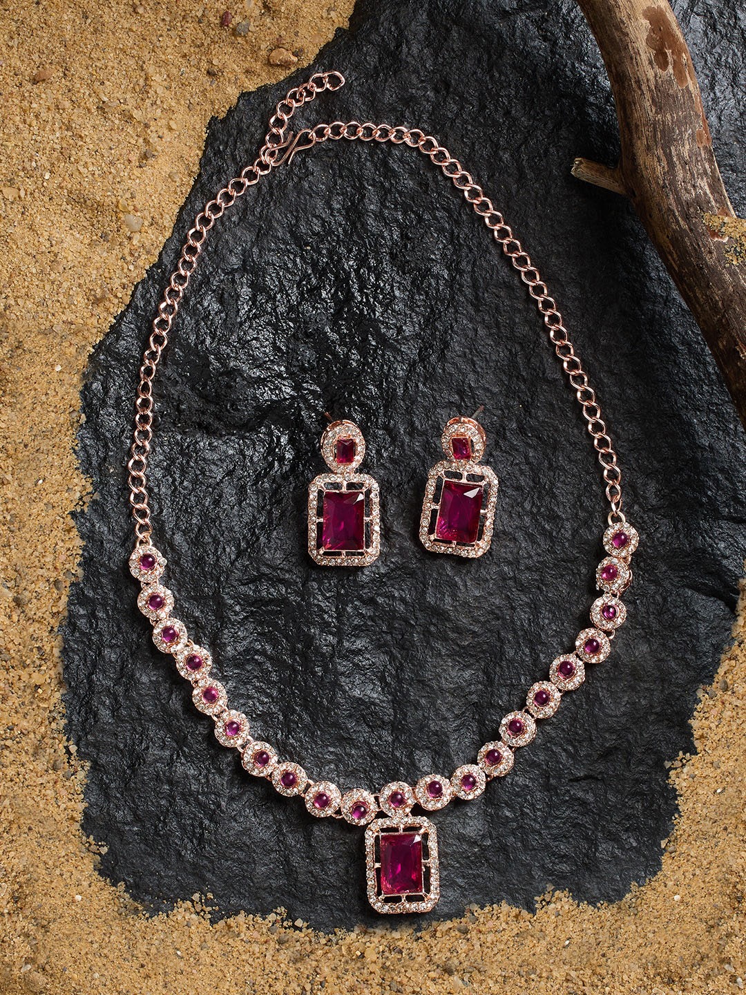 

Zaveri Pearls Rose Gold-Plated Dazzling Austrian Diamond Stone Studded Jewellery Set