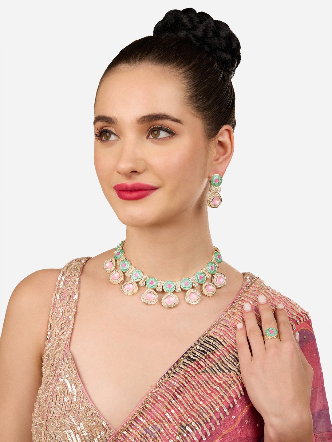 

Zaveri Pearls Gold-Plated Meenakari Austrian Diamond Stone Studded Jewellery Set