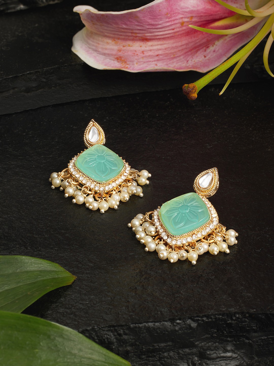 

Zaveri Pearls Gold-Plated Dazzling Austrian Diamond Stone Studded & Beaded Drop Earrings