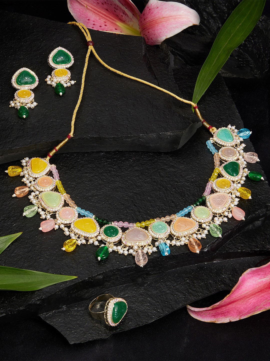 

Zaveri Pearls Gold Plated Stone Studded & Beaded Jewellery Set