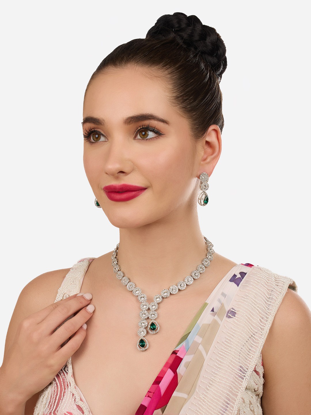 

Zaveri Pearls Silver-Plated American Diamond-Studded Jewellery Set