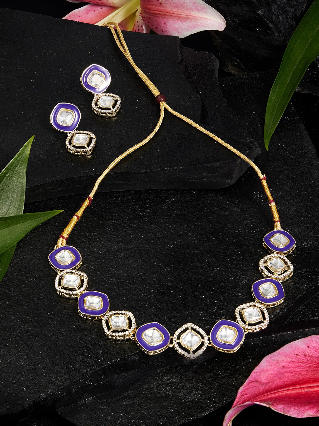 

Zaveri Pearls Gold-Plated Meenakari Austrian Diamonds Stone-Studded Jewellery Set