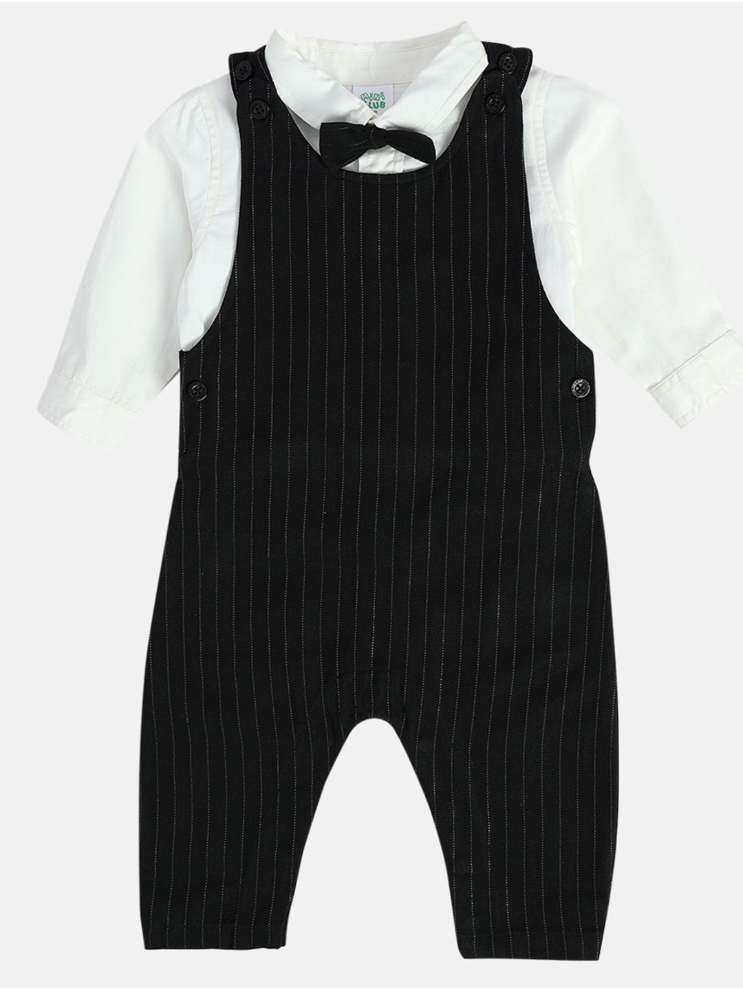 

MINI KLUB Boys Striped Shoulder Straps Neck Sleeveless Cotton Dungarees & Shirt, Black