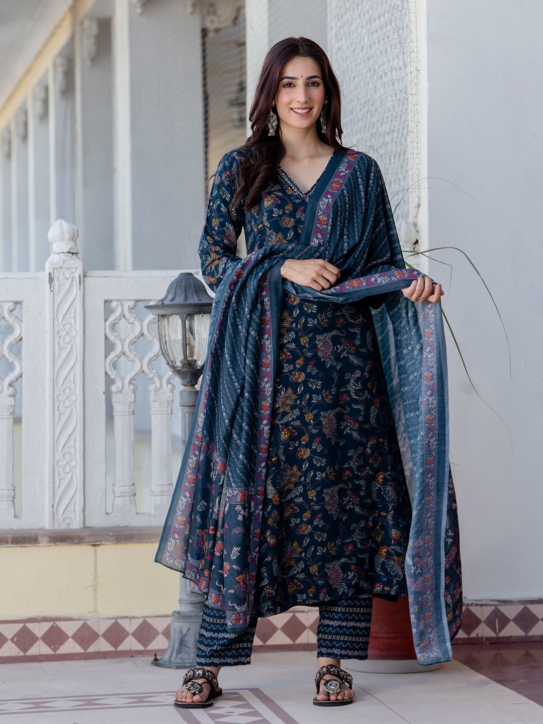 

Nayo Teal Blue Floral Printed V-Neck Sequined Straight Kurta With Trousers & Dupatta
