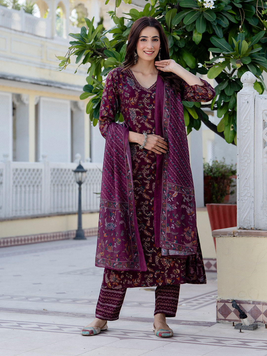 

Nayo Burgundy Floral Printed V-Neck Sequined Straight Kurta With Trousers & Dupatta