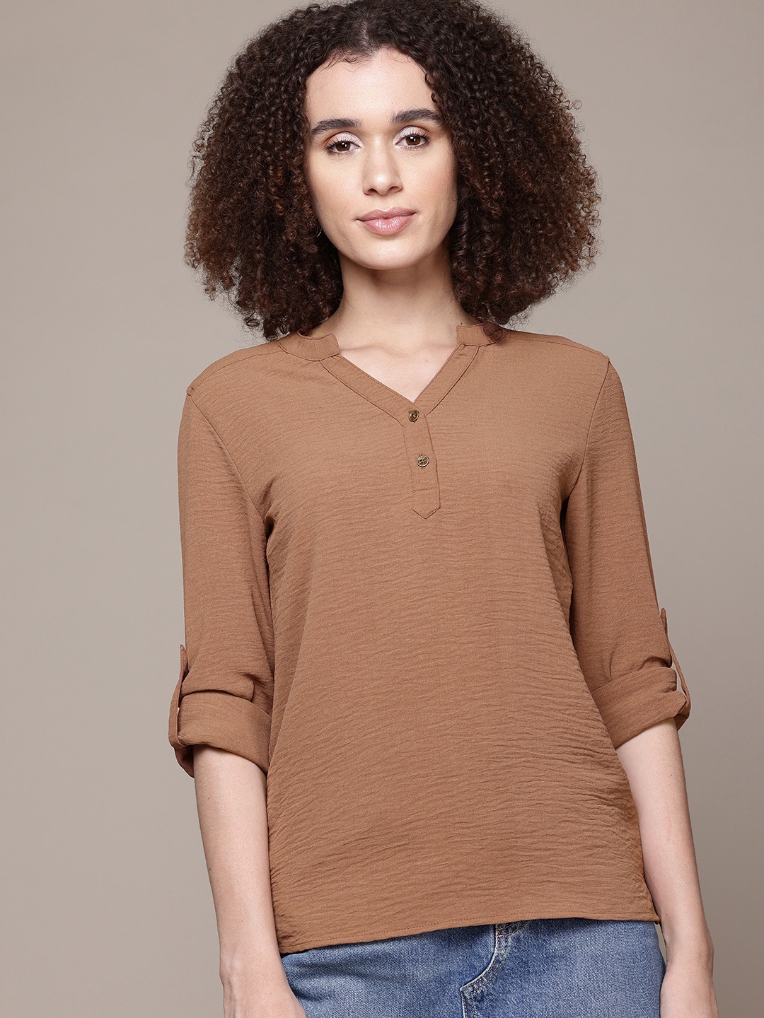 

Roadster Mandarin Collar Roll-Up Sleeves Shirt Style Top, Brown