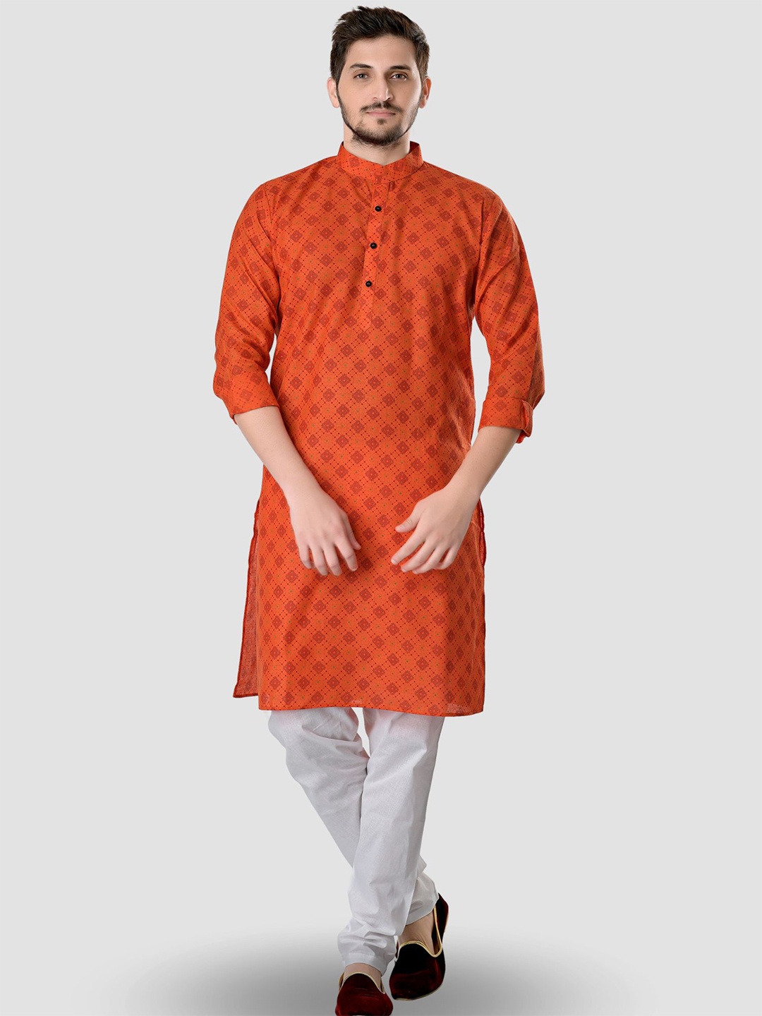 

ENCINO Geometric Printed Band Collar Cotton Straight Kurta, Orange