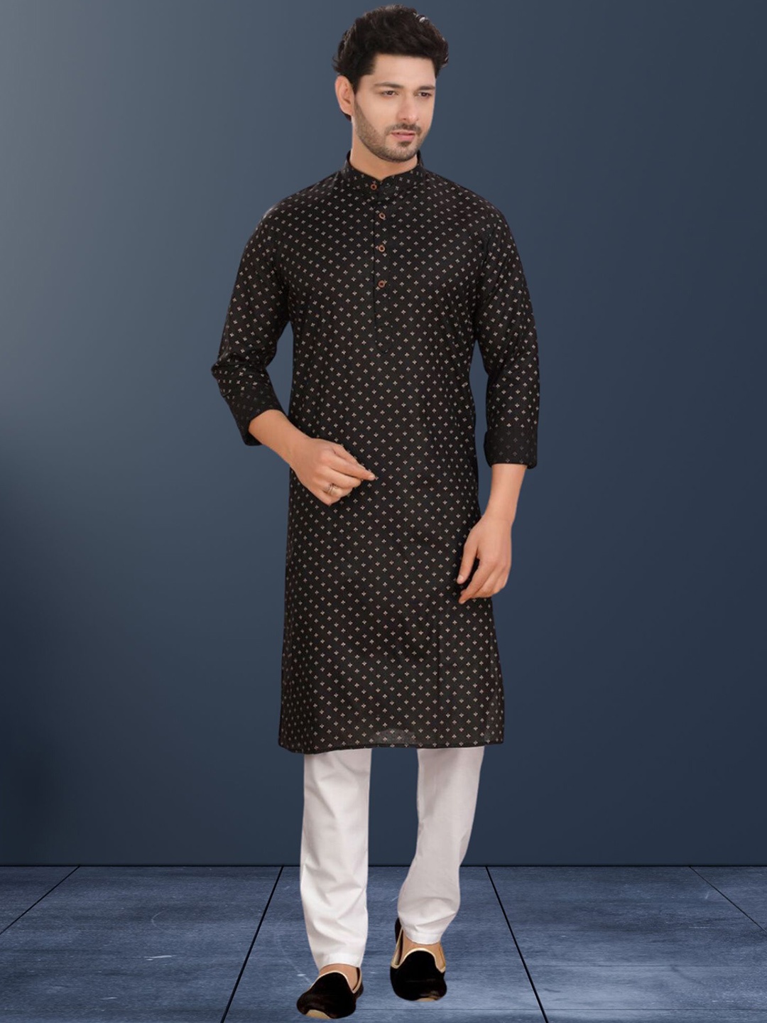 

ENCINO Printed Band Collar Cotton Straight Kurta, Brown